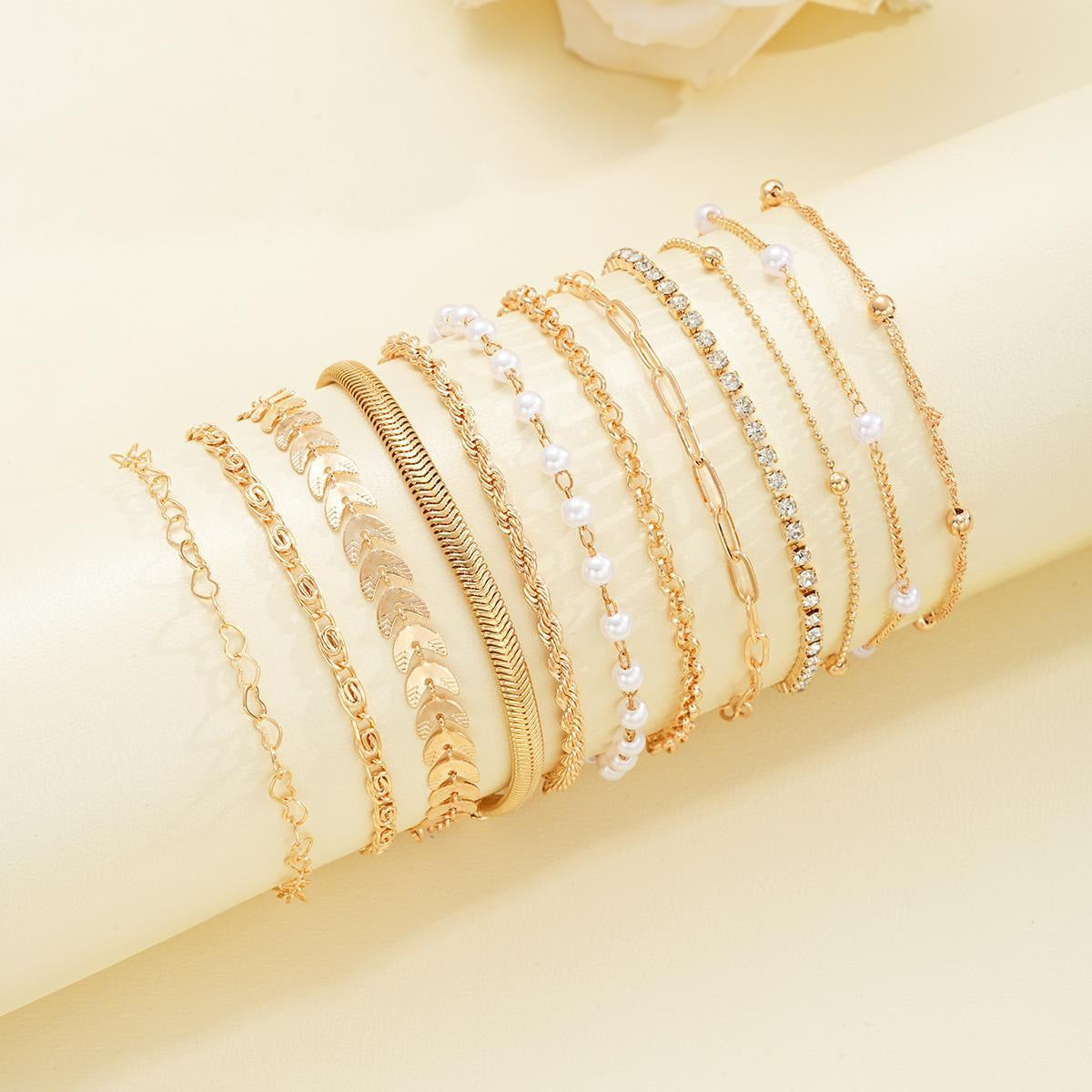 European And American Style Exquisite Beaded Chain Simple Fashionable 12-Piece Bracelet Set For Women