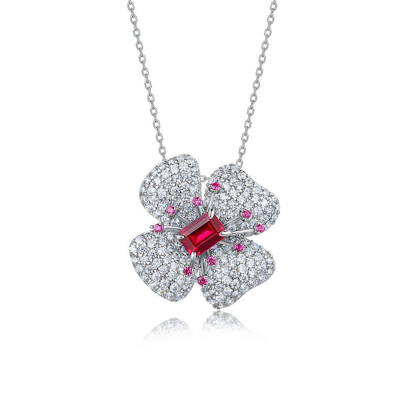 S925 Silver Four-Leaf Clover Flower Cultured Ruby Necklace