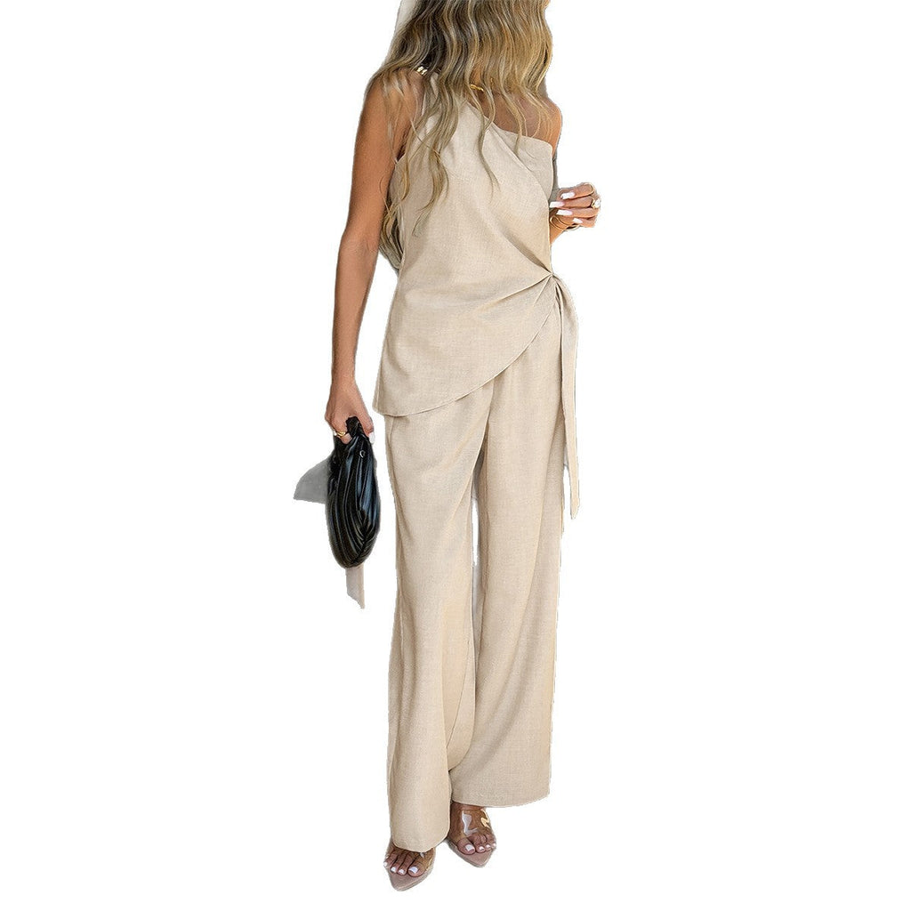 European And American Resort-Style Fashionable Strap Wide-Leg Long Pants Set