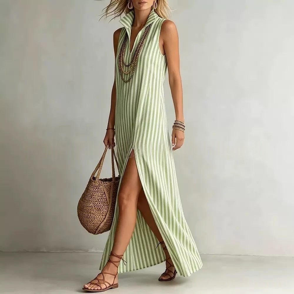 Seasonal New Womens Striped Stand Collar Side-Slit Camisole Dress