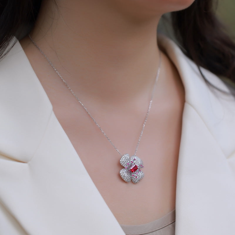 S925 Silver Four-Leaf Clover Flower Cultured Ruby Necklace