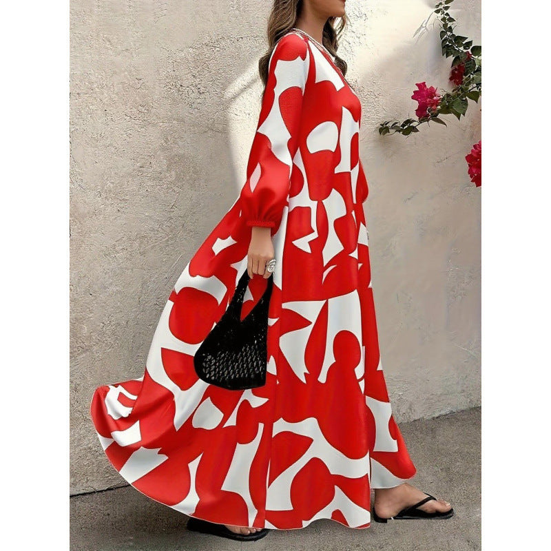Elegant V-Neck Long-Sleeve Fashionable Floral Print Dress For Women