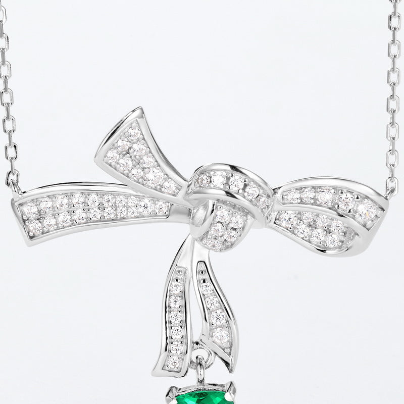 Bow-Knot Cultured Emerald Necklace In S925 Sterling Silver Pillow-Shaped