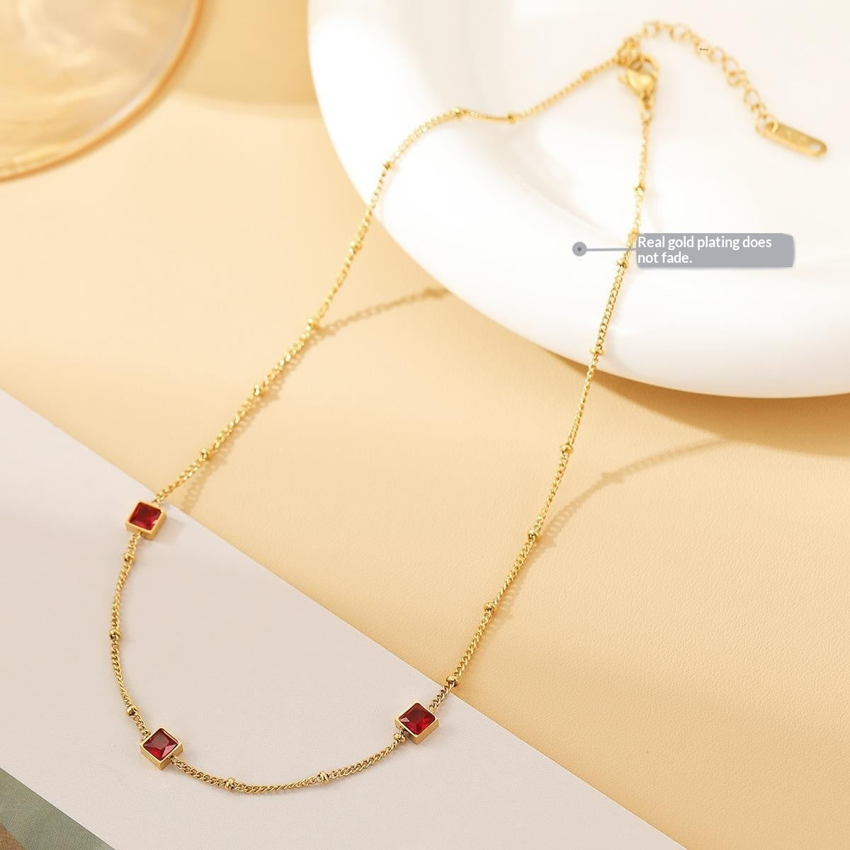 Square-shaped Delicately Crafted Versatile Colored Zircon And Green Zircon Titanium Steel Necklace For Women