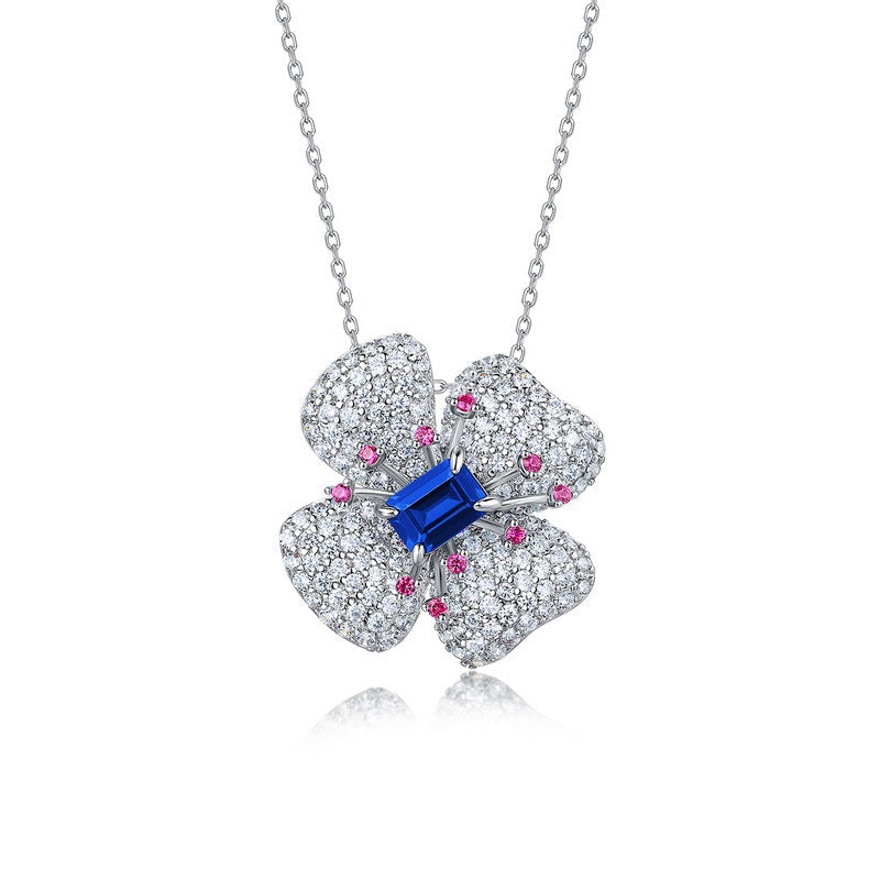 S925 Silver Four-Leaf Clover Flower Cultured Ruby Necklace