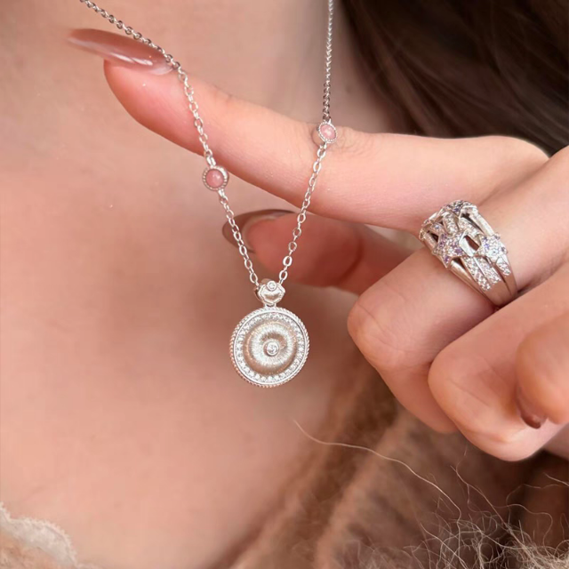 1 Piece 999 Sterling Silver Pink Shell Compass Pendant Necklace, Retro & Elegant, Perfect For Daily, Dating & Gifting, Ideal Valentine's Gift