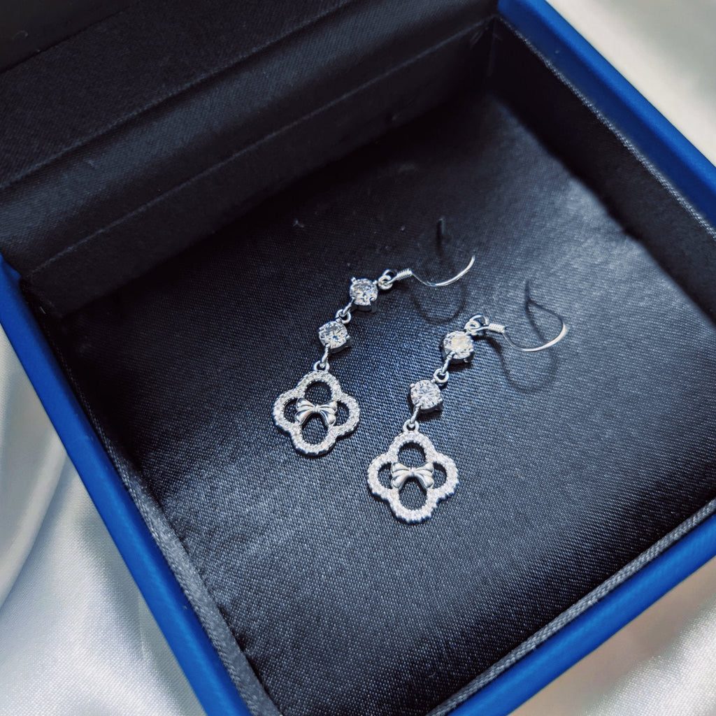 1 Pair 999 Sterling Silver Zircon Clover Bow Long Drop Earrings, Elegant & Versatile, Perfect For Daily, Party & Dating, Ideal Valentine's Gift