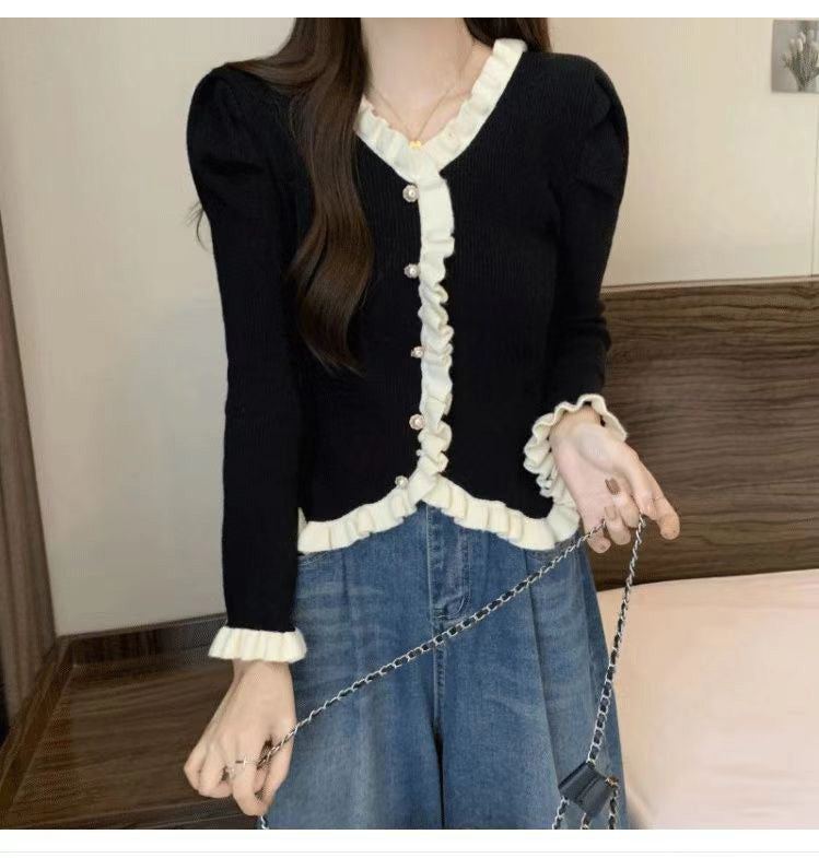Spring Autumn High-end French Chanel-style Lace-panelled Puffed-sleeve Womens Top