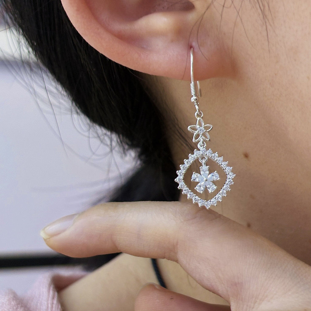 1 Pair 999 Sterling Silver Zircon Flower & Square Drop Earrings, Elegant & Versatile, Perfect For Daily, Party & Dating, Ideal Valentine's Gift