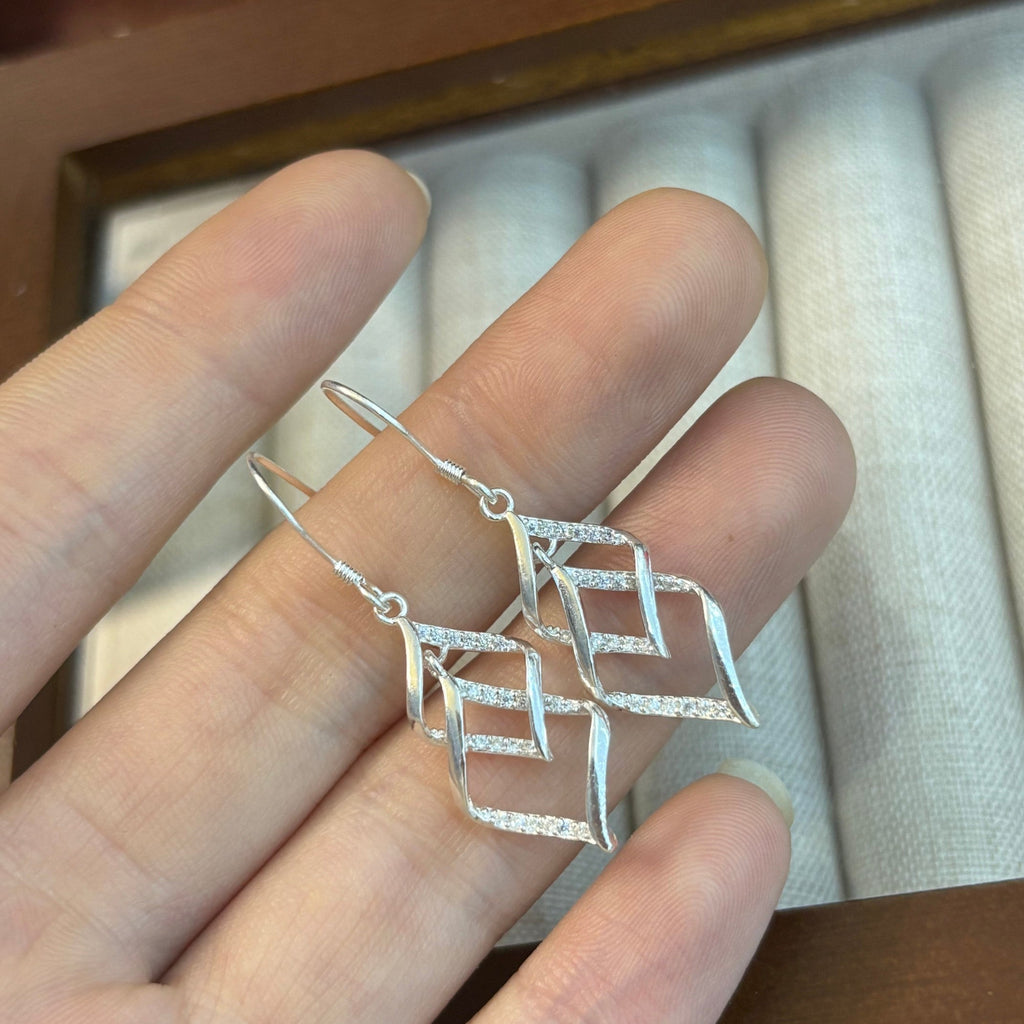 1 Pair 999 Sterling Silver Geometric Diamond Zircon Drop Earrings, Minimalist & Elegant, Perfect For Daily, Party & Dating, Ideal Valentine's Gift