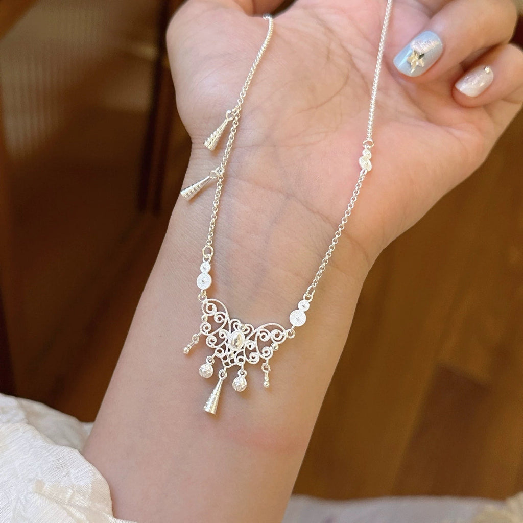 1Pc S999 Pure Silver Lock Pendant Necklace, Delicate Tassel Chain, Elegant Boho Style For Daily & Gifting