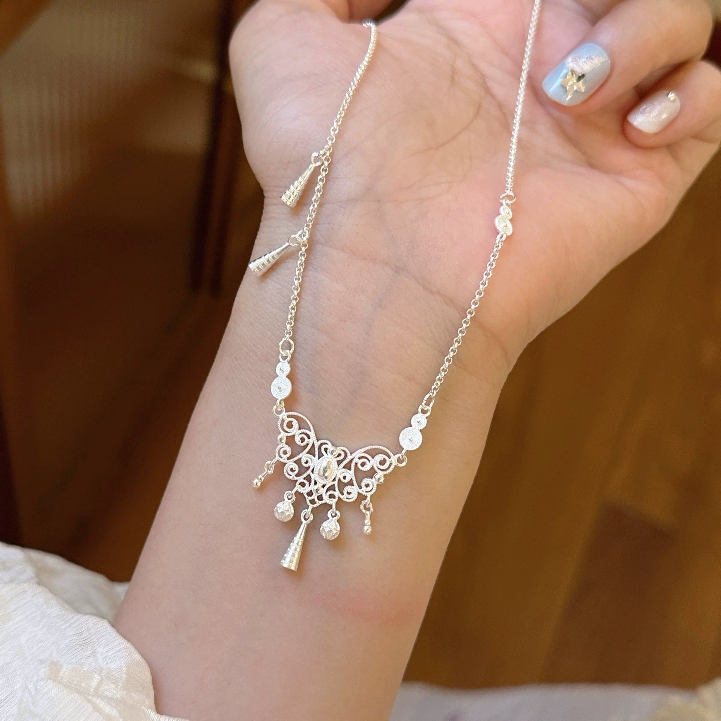 1Pc S999 Pure Silver Lock Pendant Necklace, Delicate Tassel Chain, Elegant Boho Style For Daily & Gifting