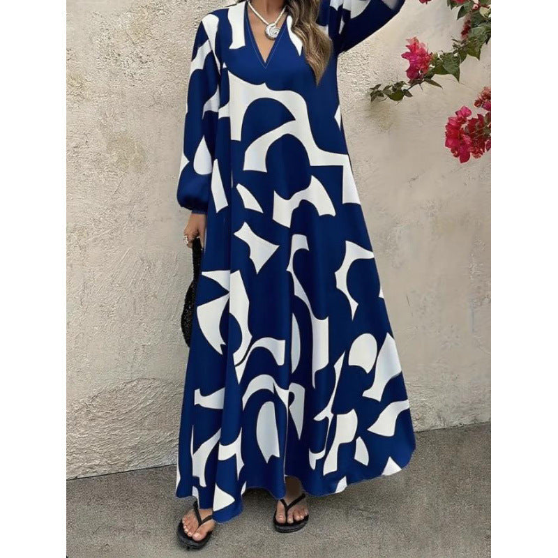 Elegant V-Neck Long-Sleeve Fashionable Floral Print Dress For Women