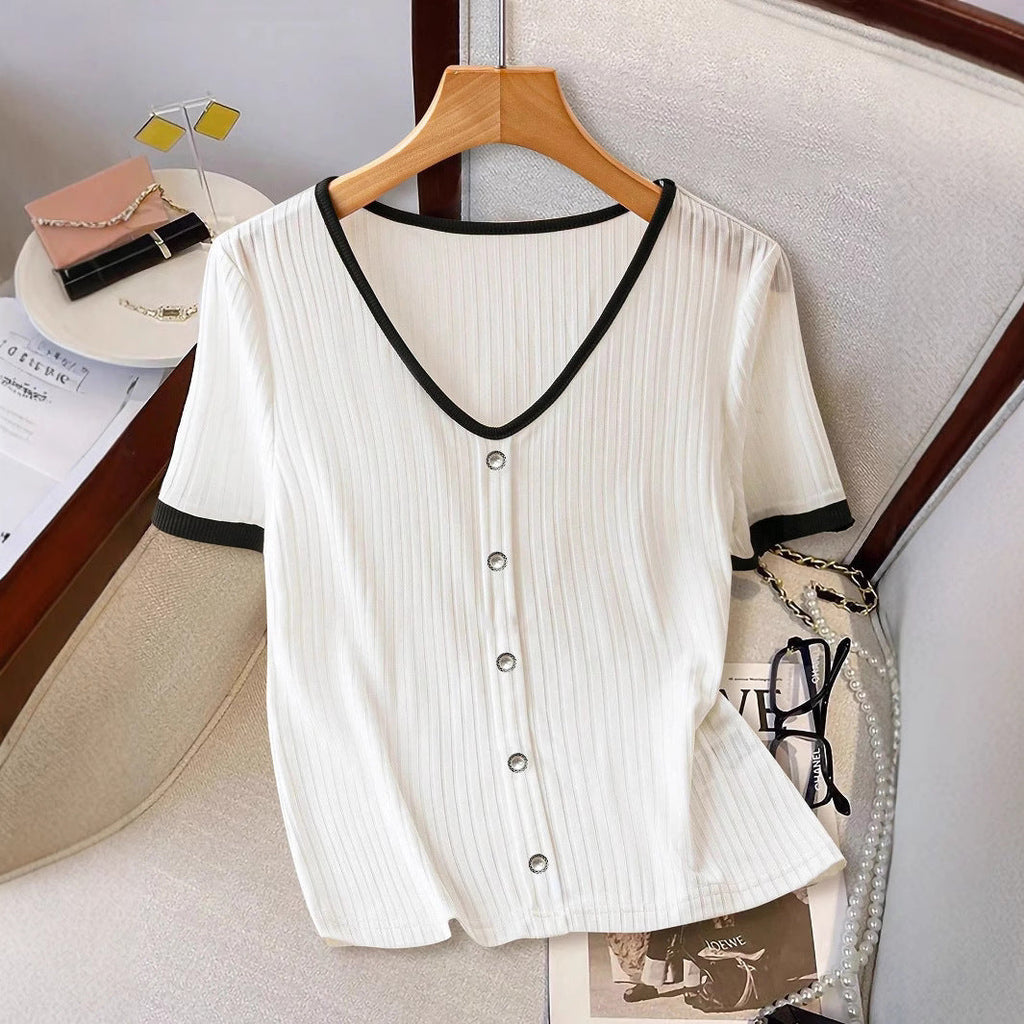 Slim-fit Knit Womens Clothing Contrast-color Womens Short Sleeves