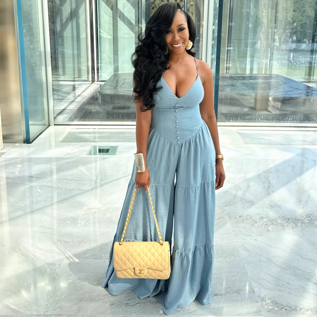 Womens Solid Color Deep V-Neck Long High-Waist Jumpsuit
