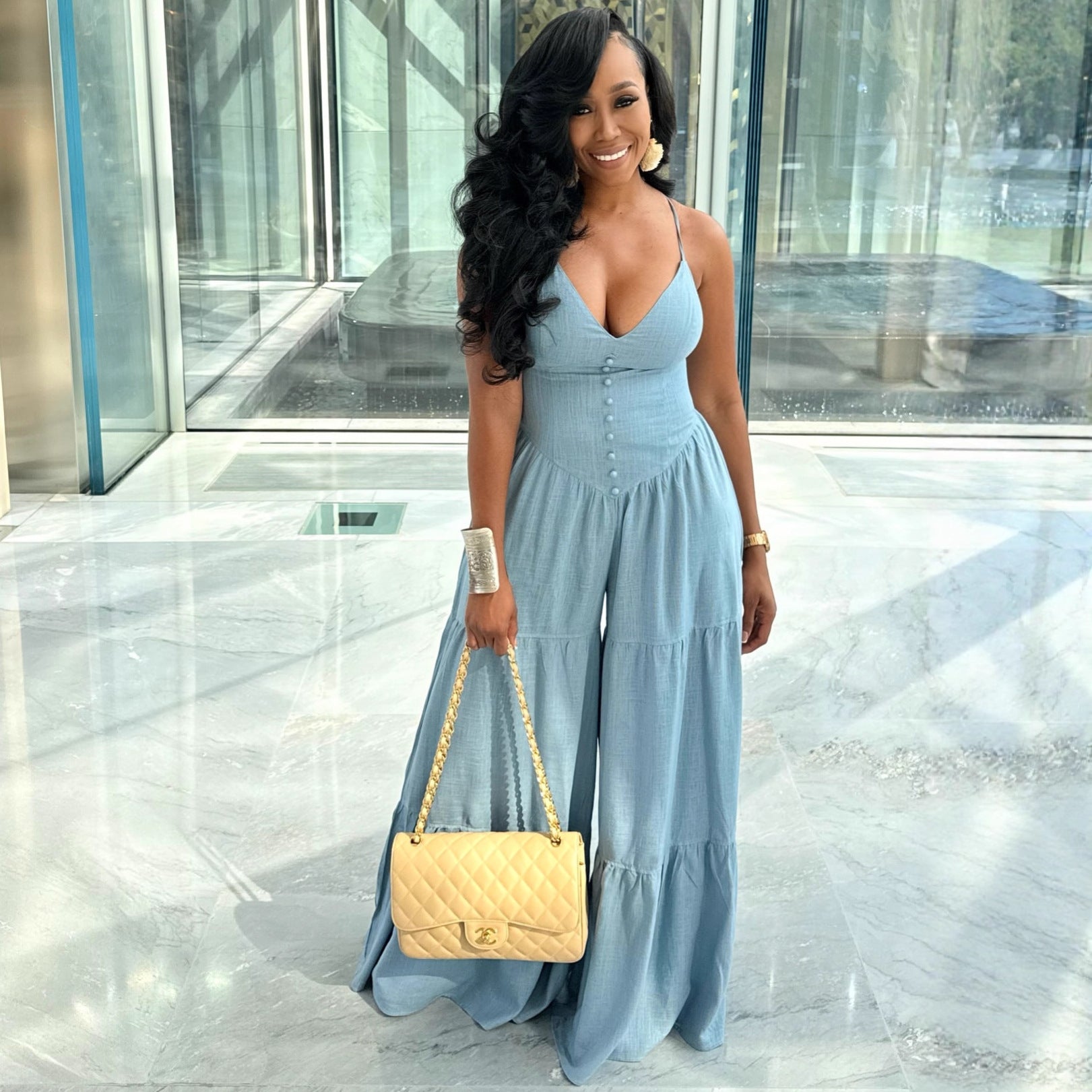 Womens Solid Color Deep V-Neck Long High-Waist Jumpsuit