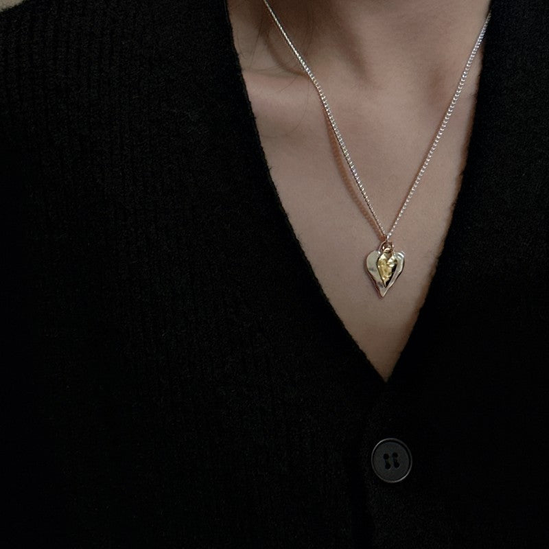 S925 Sterling Silver Fashionable Heart-Shaped Necklace In Contrasting Gold And Silver Colors