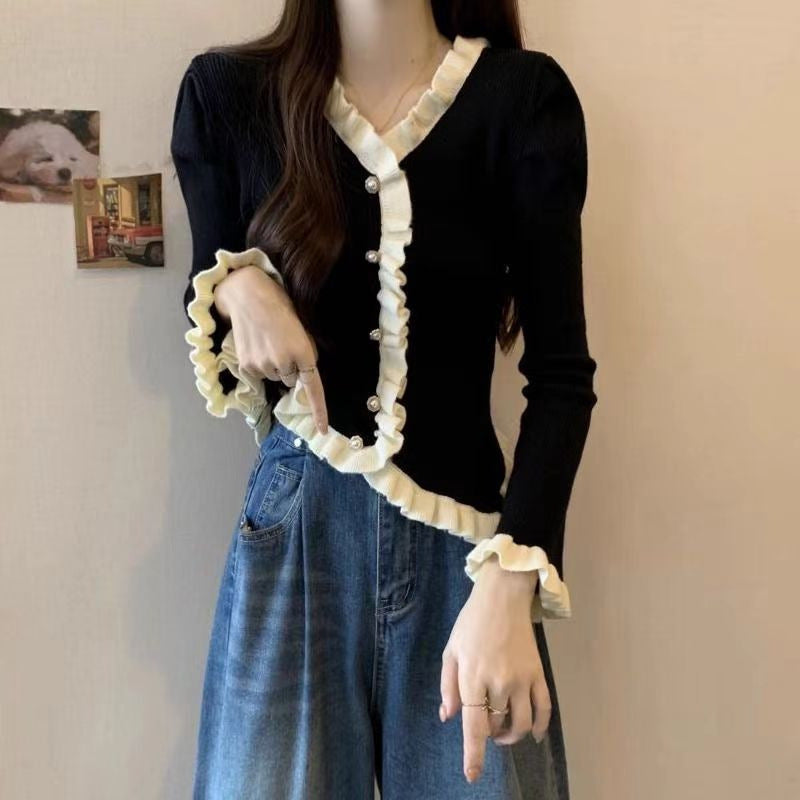 Spring Autumn High-end French Chanel-style Lace-panelled Puffed-sleeve Womens Top