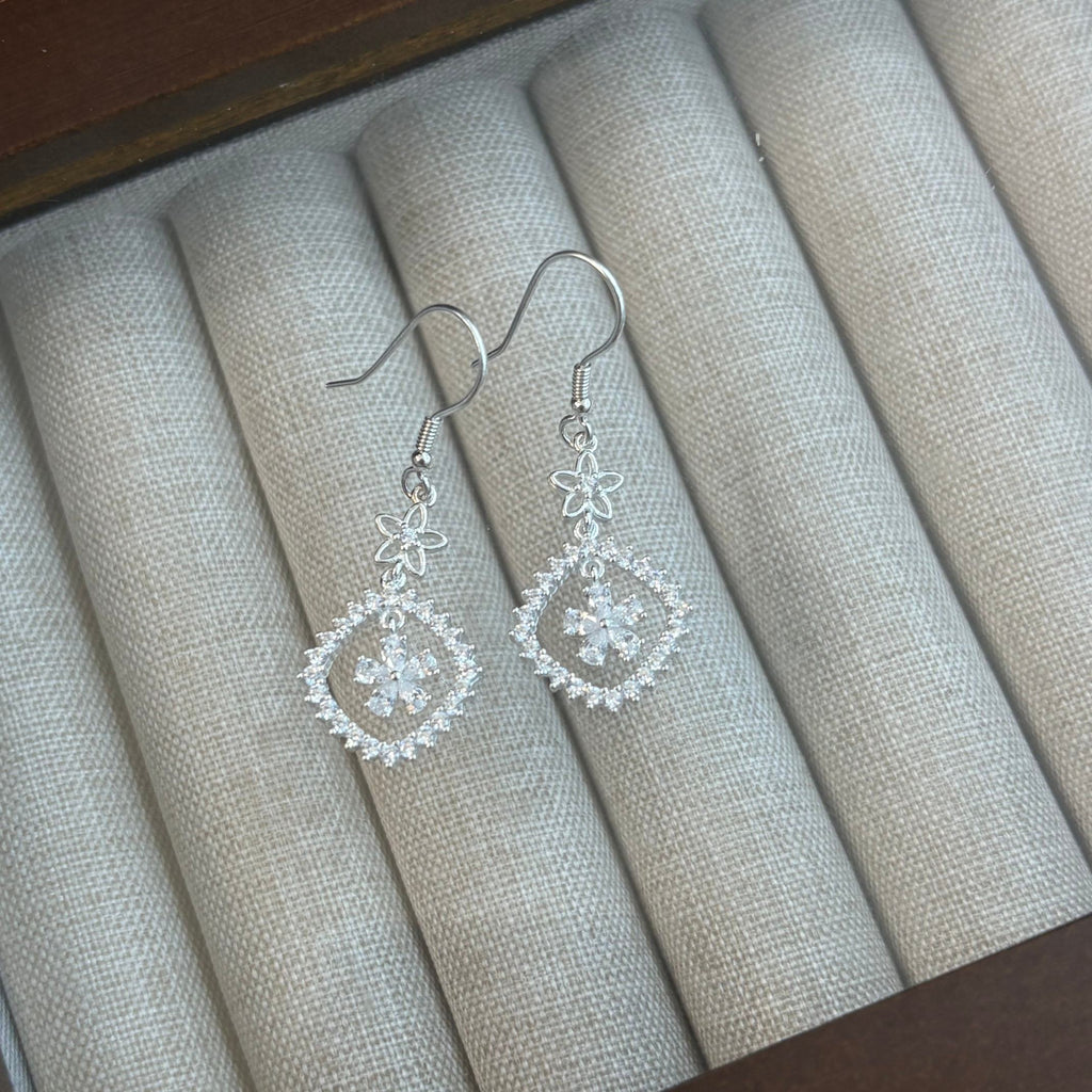 1 Pair 999 Sterling Silver Zircon Flower & Square Drop Earrings, Elegant & Versatile, Perfect For Daily, Party & Dating, Ideal Valentine's Gift