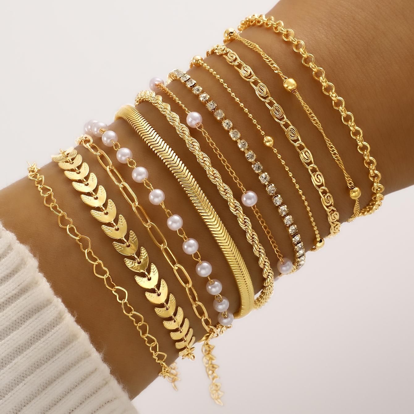 European And American Style Exquisite Beaded Chain Simple Fashionable 12-Piece Bracelet Set For Women