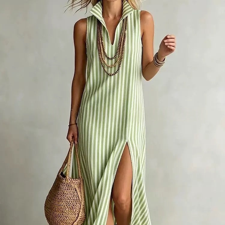 Seasonal New Womens Striped Stand Collar Side-Slit Camisole Dress