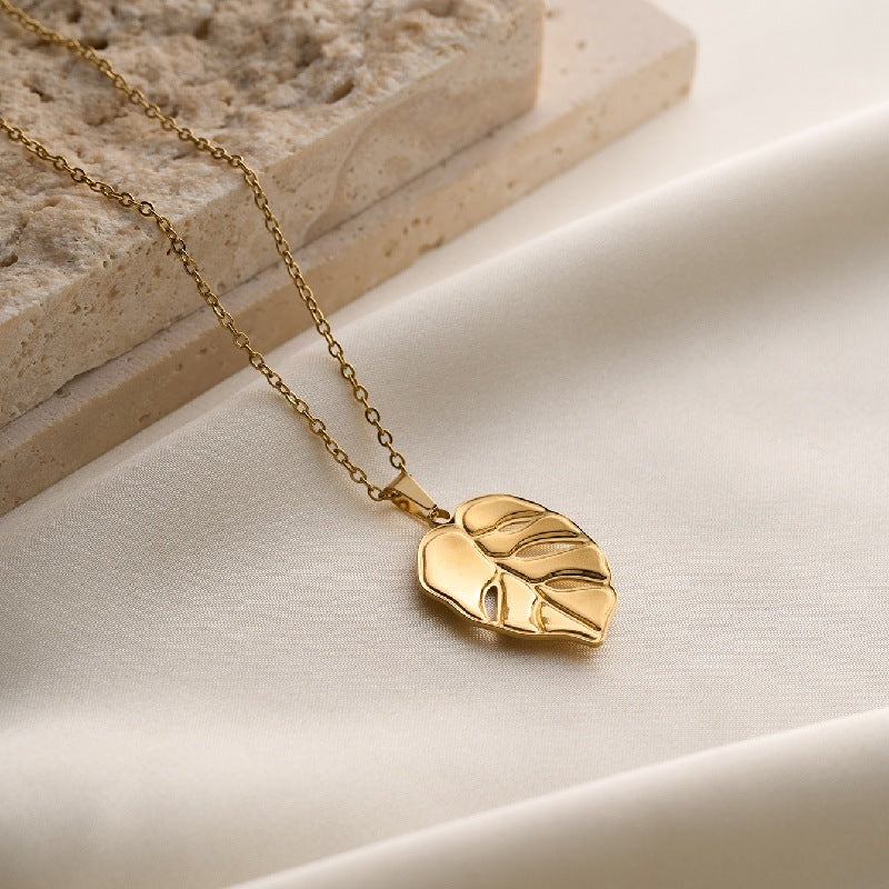 Stainless Steel Necklace With 18K Gold-Plated Leaf And Flower Pendant For Women