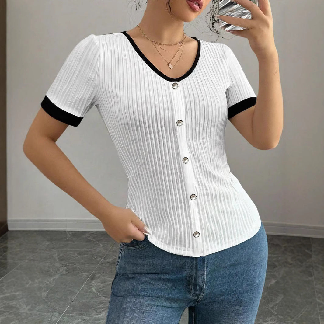 Slim-fit Knit Womens Clothing Contrast-color Womens Short Sleeves