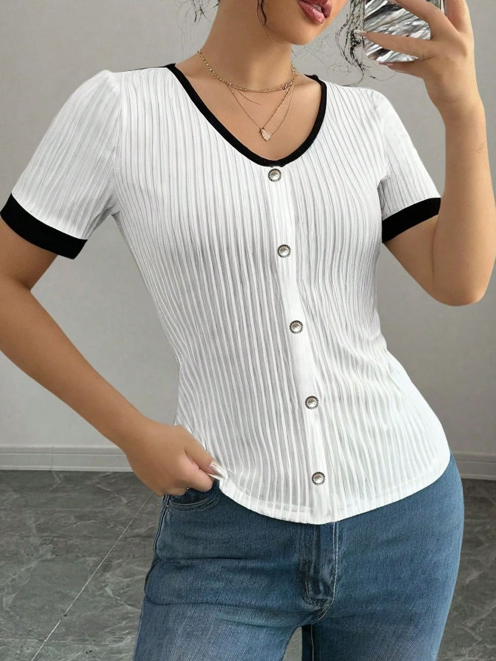 Slim-fit Knit Womens Clothing Contrast-color Womens Short Sleeves
