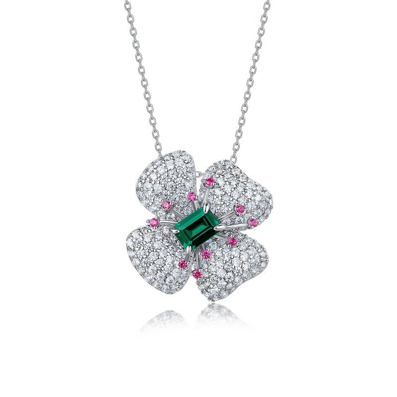 S925 Silver Four-Leaf Clover Flower Cultured Ruby Necklace