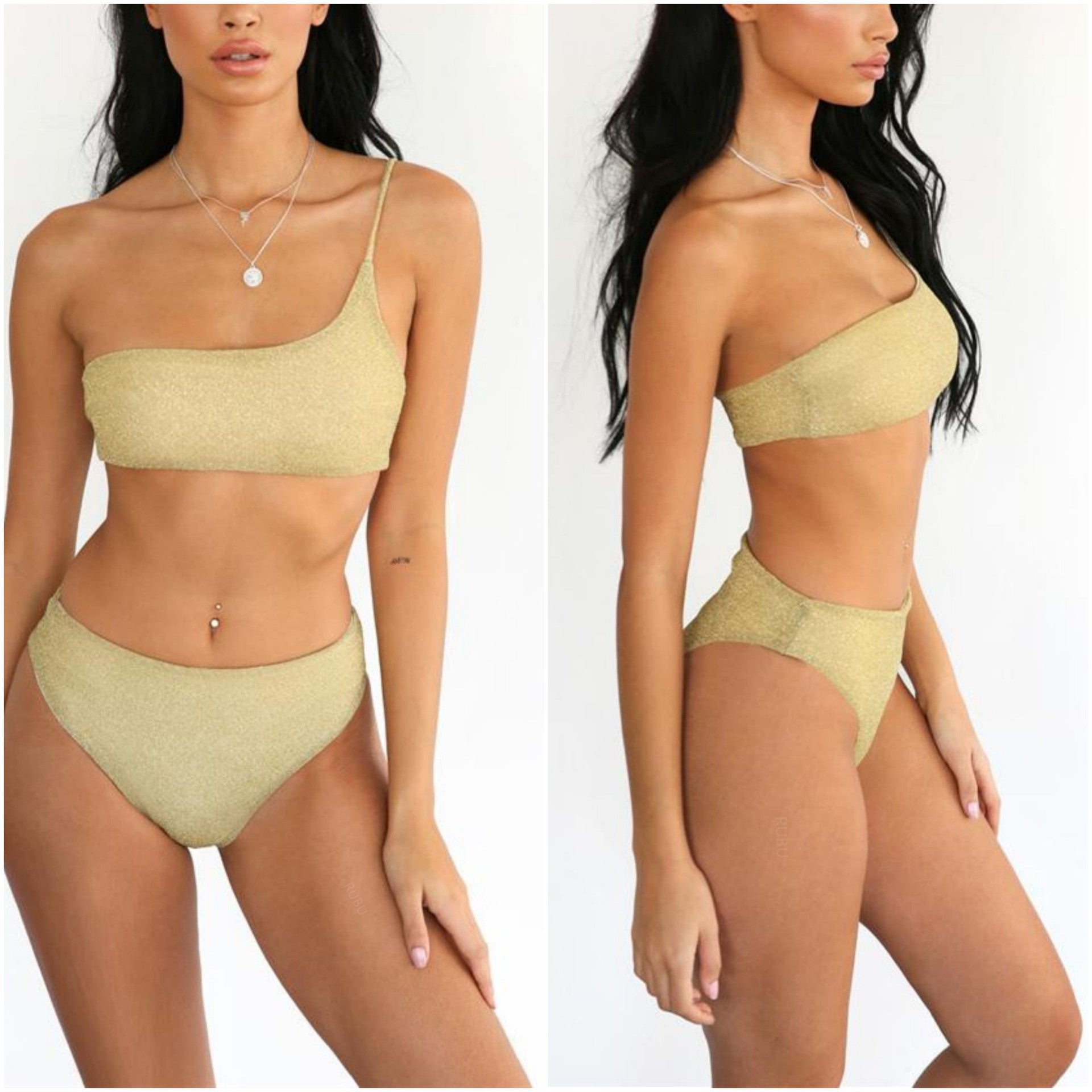 Womens Two-Piece Swimsuit With One ShoulderGold And Silver Thread Sparkle Bikini
