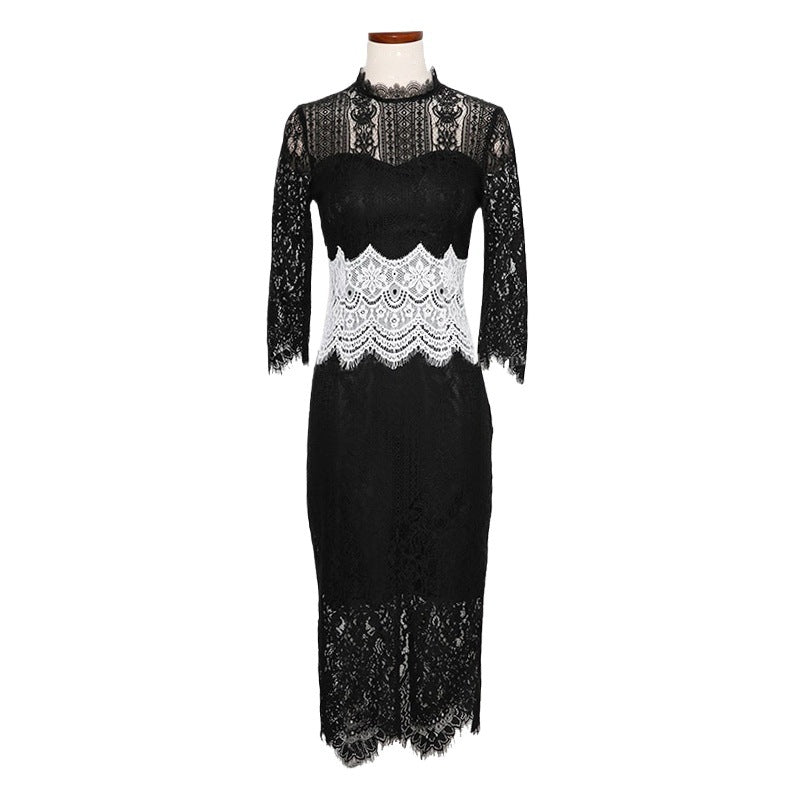 Stand-collar Spring New Arrival Black And White Patchwork Eyelash Lace Waist-cinching Dress