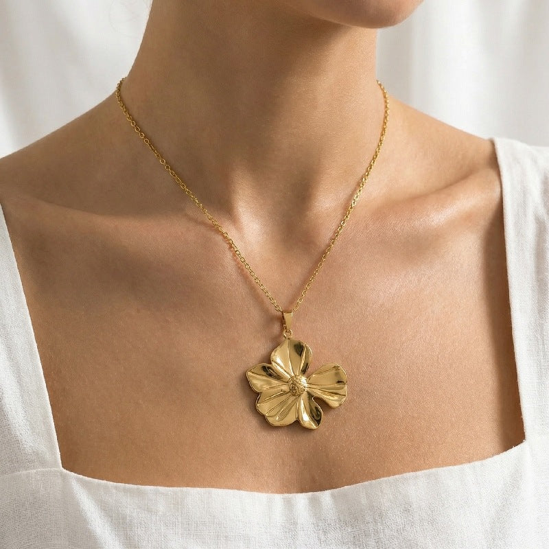 Stainless Steel Necklace With 18K Gold-Plated Leaf And Flower Pendant For Women