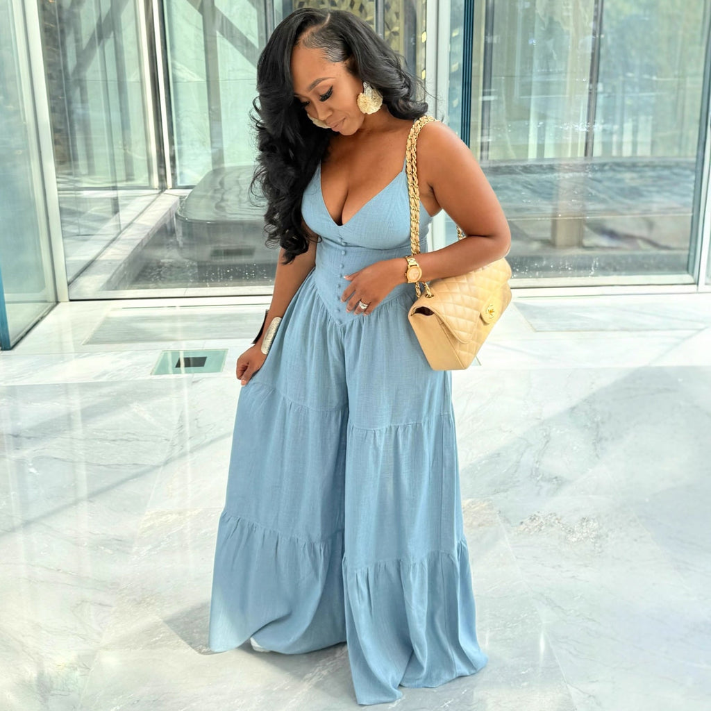 Womens Solid Color Deep V-Neck Long High-Waist Jumpsuit