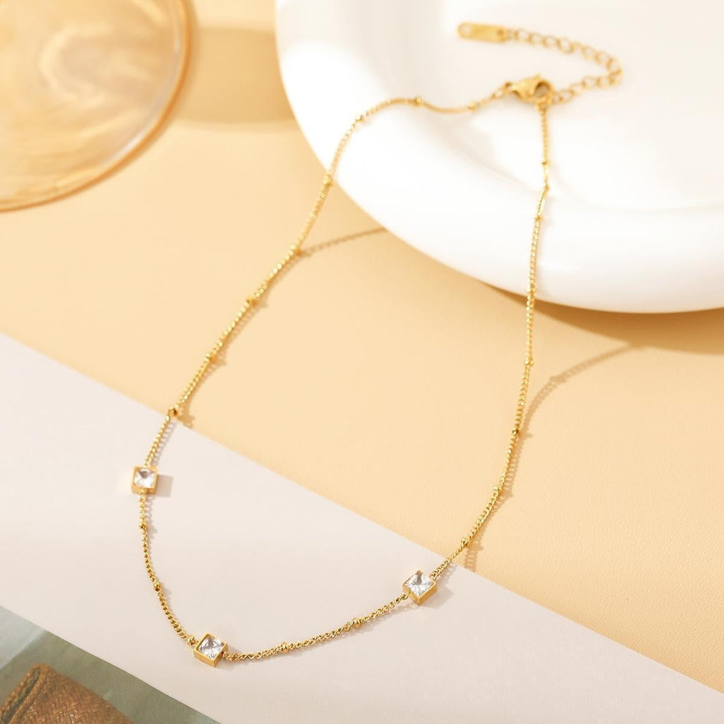 Square-shaped Delicately Crafted Versatile Colored Zircon And Green Zircon Titanium Steel Necklace For Women