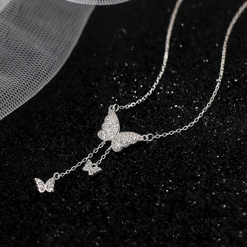 Full-Crystal Three-Butterfly Tassel Necklace For Women