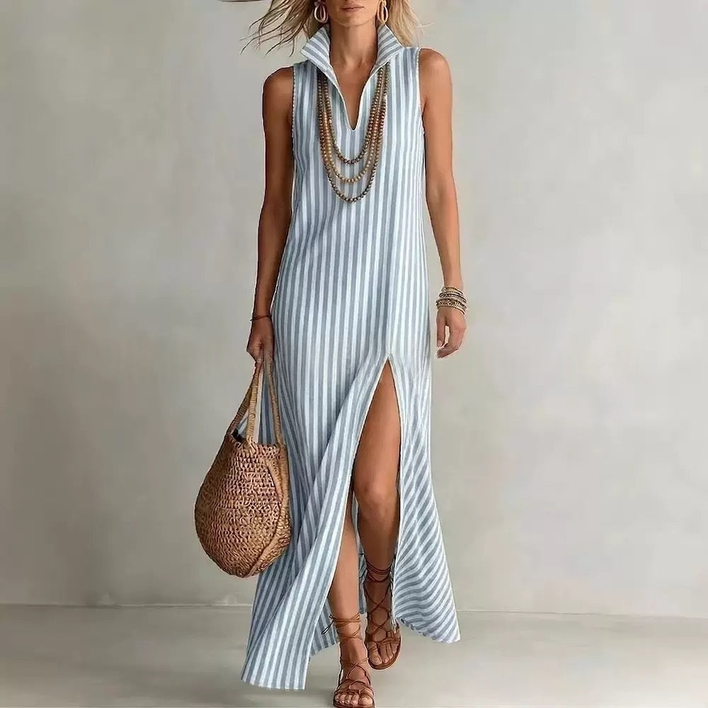 Seasonal New Womens Striped Stand Collar Side-Slit Camisole Dress