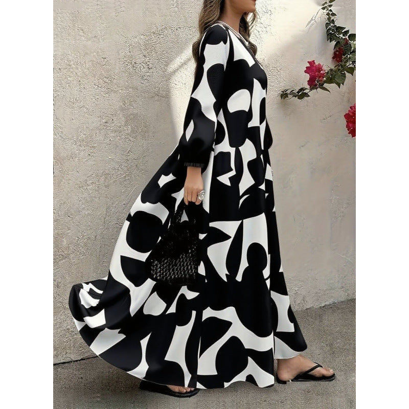 Elegant V-Neck Long-Sleeve Fashionable Floral Print Dress For Women