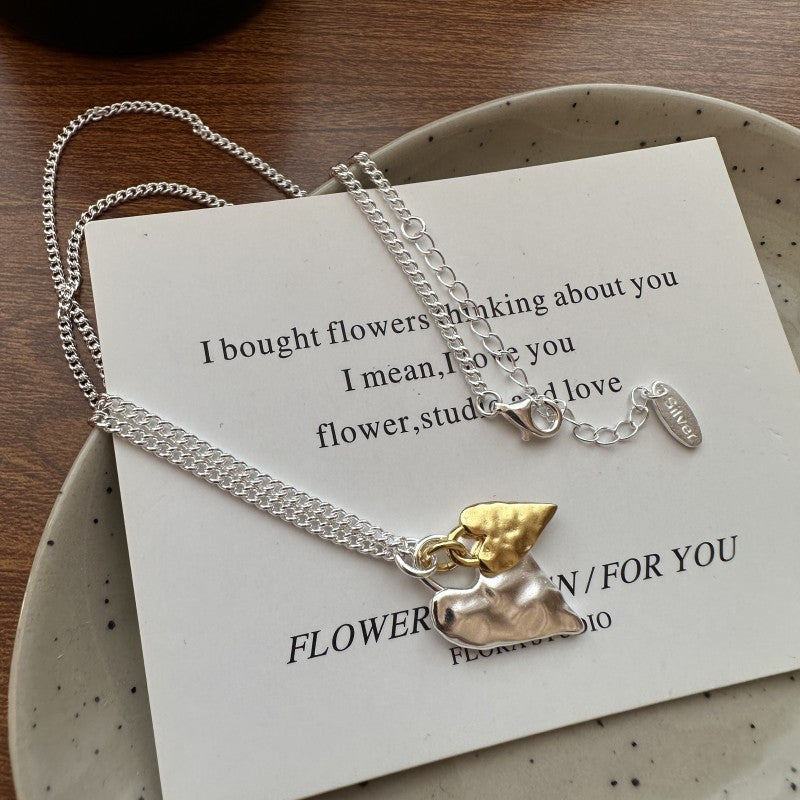 S925 Sterling Silver Fashionable Heart-Shaped Necklace In Contrasting Gold And Silver Colors