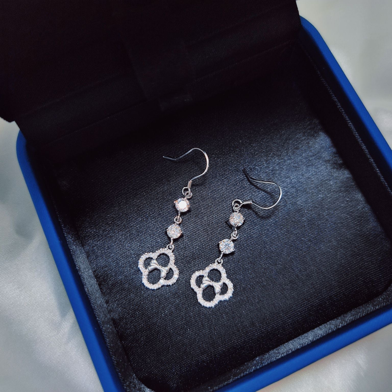 1 Pair 999 Sterling Silver Zircon Clover Bow Long Drop Earrings, Elegant & Versatile, Perfect For Daily, Party & Dating, Ideal Valentine's Gift