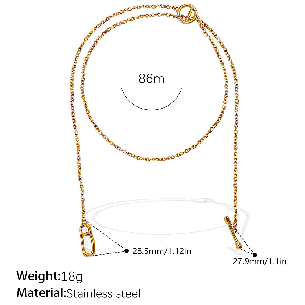 Japanese Style Minimalist Long Sweater Chain Necklace, Stainless Steel Pig Nose Pendant With OT Clasp, Fashion Simple Jewelry