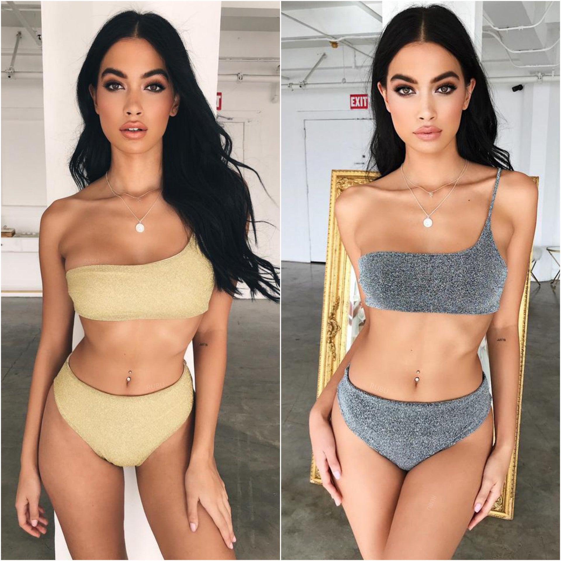 Womens Two-Piece Swimsuit With One ShoulderGold And Silver Thread Sparkle Bikini