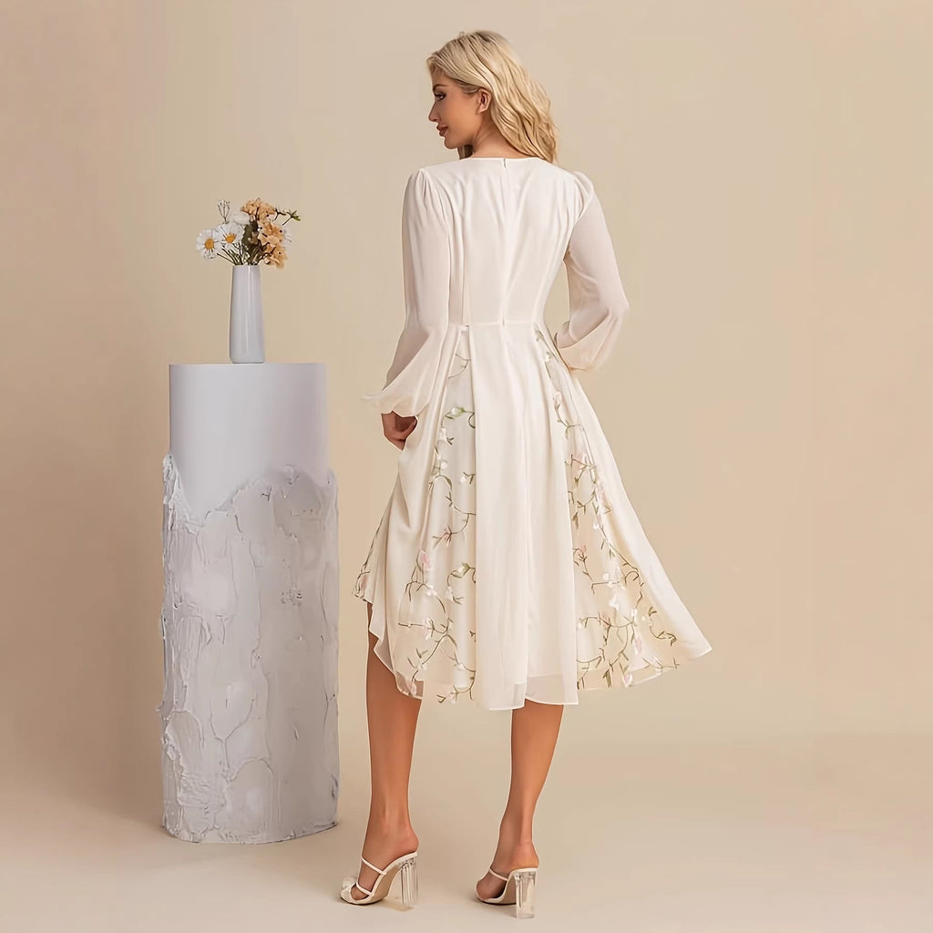 Floral Long-Sleeve V-Neck Pleated Dress For Women