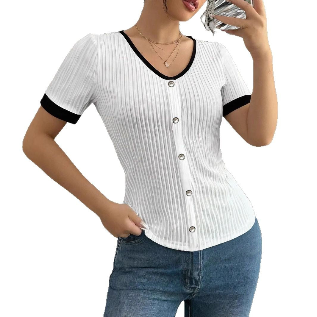Slim-fit Knit Womens Clothing Contrast-color Womens Short Sleeves