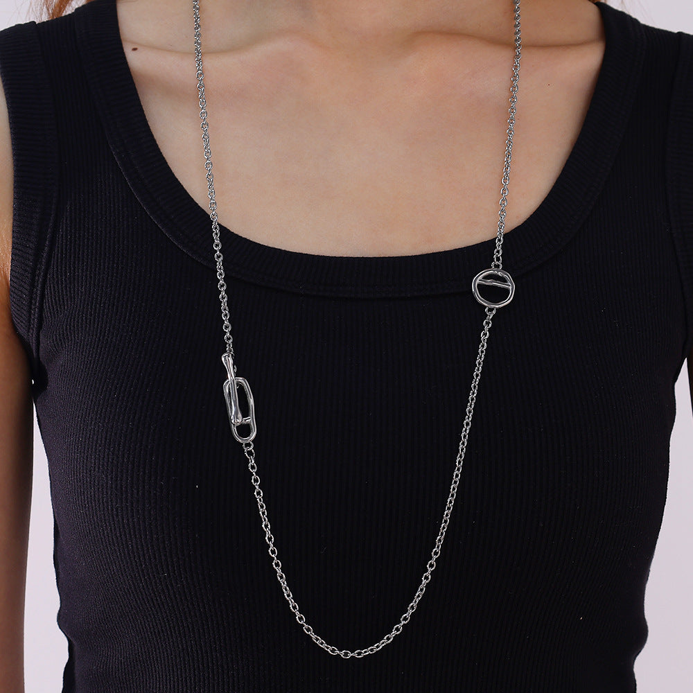 Japanese Style Minimalist Long Sweater Chain Necklace, Stainless Steel Pig Nose Pendant With OT Clasp, Fashion Simple Jewelry