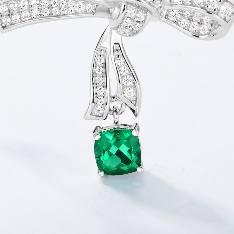 Bow-Knot Cultured Emerald Necklace In S925 Sterling Silver Pillow-Shaped