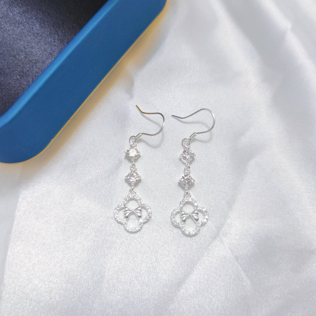 1 Pair 999 Sterling Silver Zircon Clover Bow Long Drop Earrings, Elegant & Versatile, Perfect For Daily, Party & Dating, Ideal Valentine's Gift
