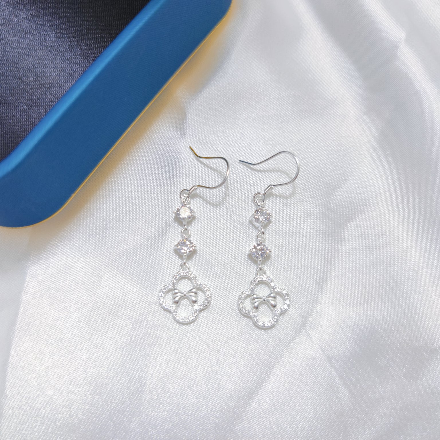 1 Pair 999 Sterling Silver Zircon Clover Bow Long Drop Earrings, Elegant & Versatile, Perfect For Daily, Party & Dating, Ideal Valentine's Gift
