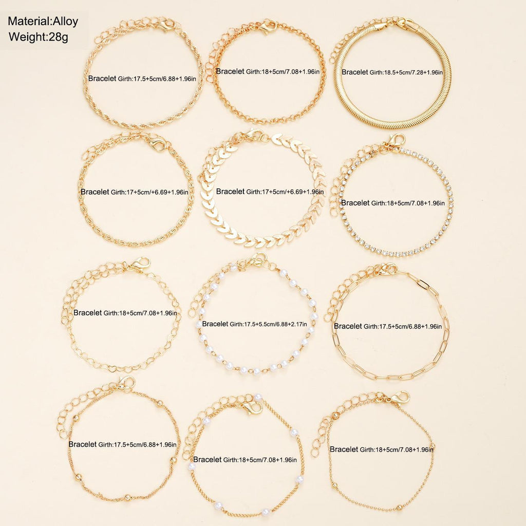 European And American Style Exquisite Beaded Chain Simple Fashionable 12-Piece Bracelet Set For Women