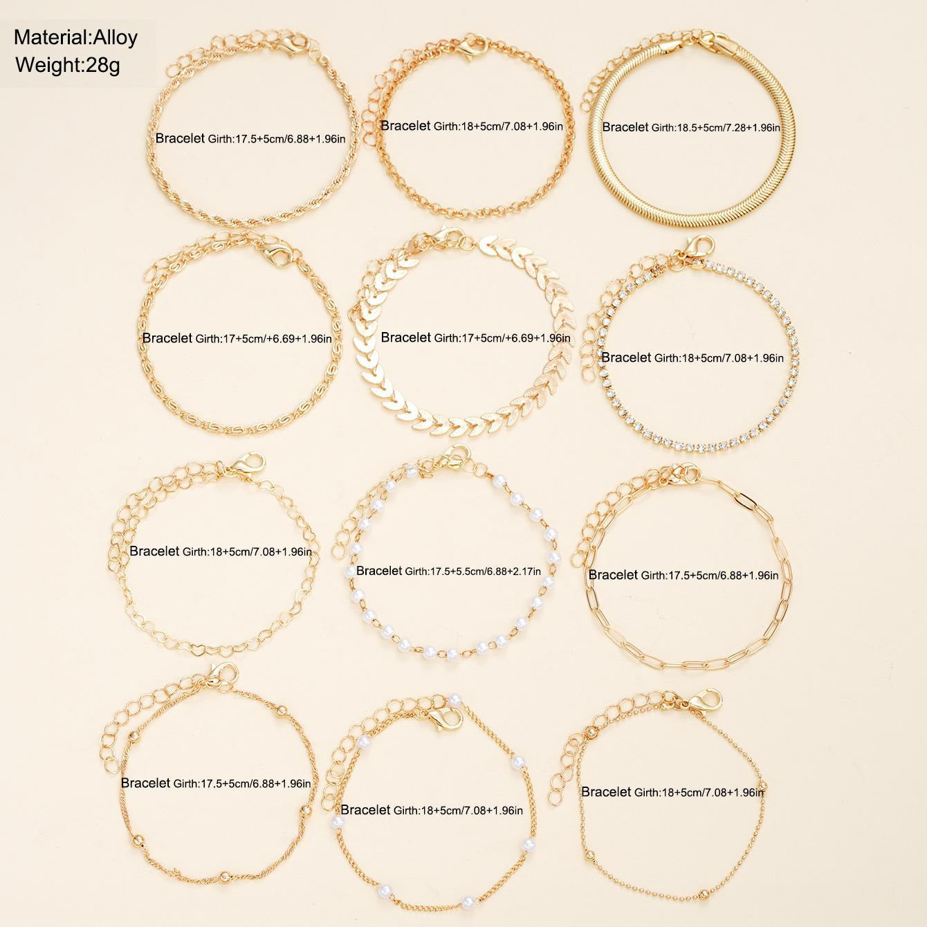 European And American Style Exquisite Beaded Chain Simple Fashionable 12-Piece Bracelet Set For Women